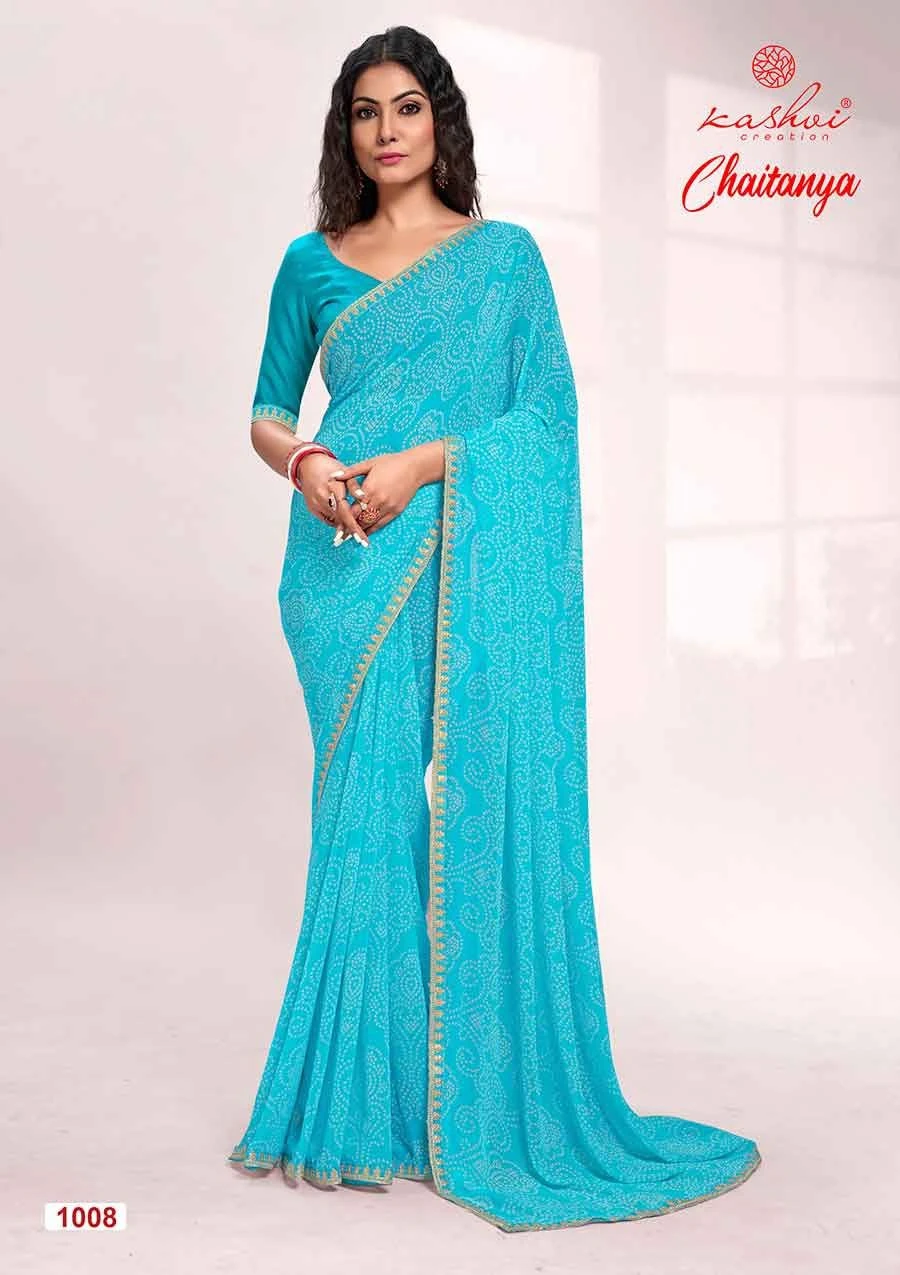 Kashvi Creation Chaitanya Bandhej Georgette Wholesale Sarees Catalog — Wholesale Sarees, Kashvi Creation wholesale from Surat - Gallery Image 5